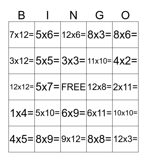 Multiplication BINGO Card