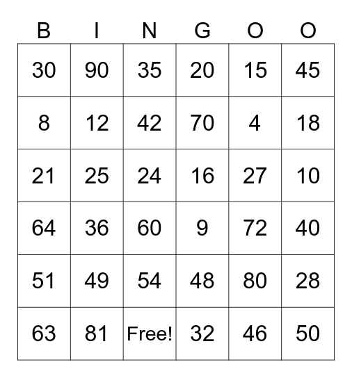 Multiplication Bingo Card