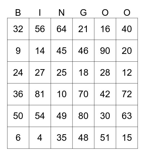 Multiplication Bingo Card