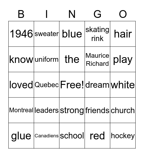 Hockey Sweater p. 1,2 Bingo Card