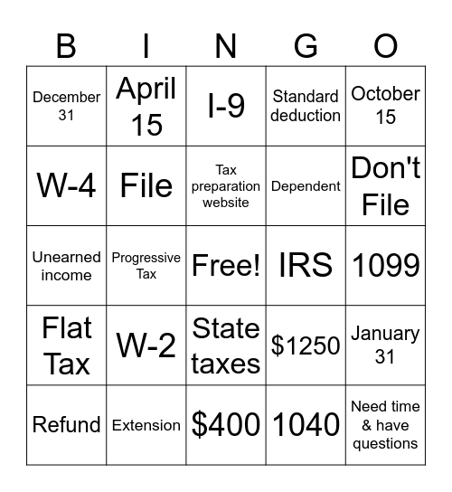 PF: Taxes Bingo Card