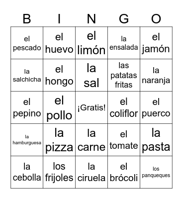 La comida Bingo Card