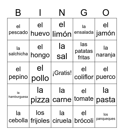 La comida Bingo Card