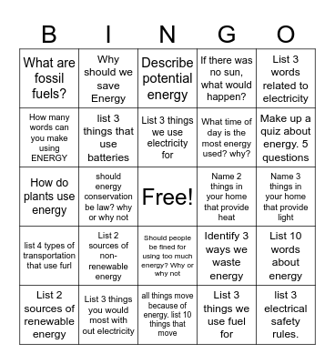 Energy Bingo Card
