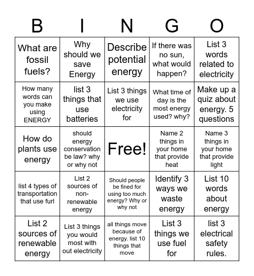 Energy Bingo Card
