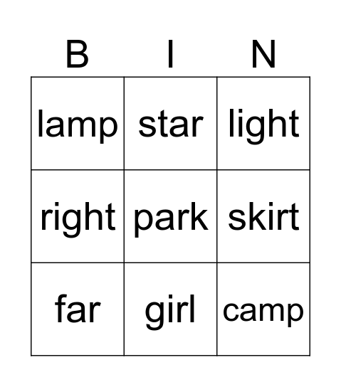 Rhymes Bingo Card