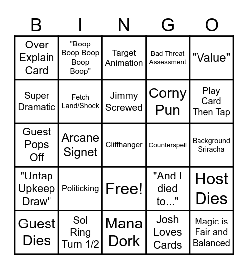 Game Knight's Bingo Card