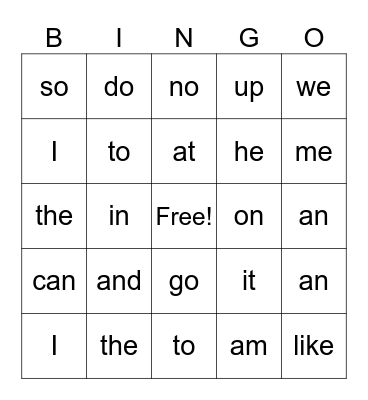 Sight Words Bingo Card