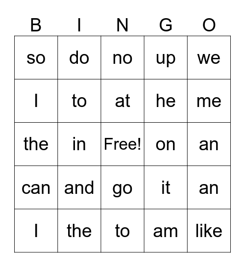 Sight Words Bingo Card