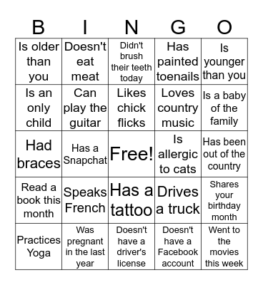 Getting to Know You! Bingo Card