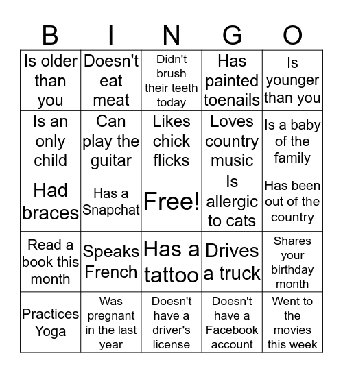 Getting to Know You! Bingo Card