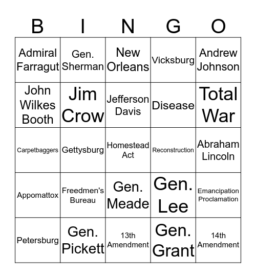 Civil War and Reconstruction  Bingo Card