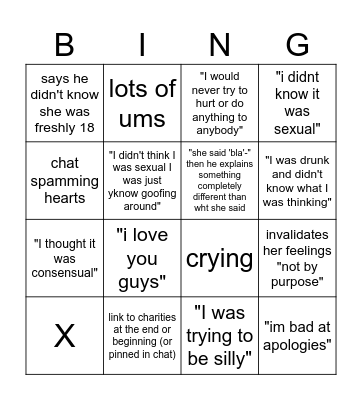APOLOGY BINGO Card