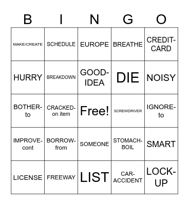 Unit 8 Vocab. Bingo Card
