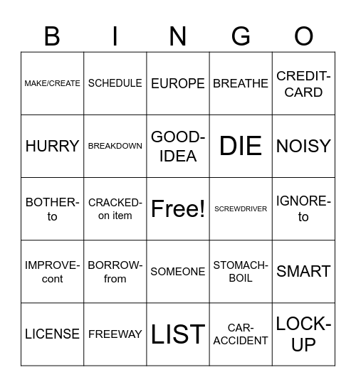 Unit 8 Vocab. Bingo Card