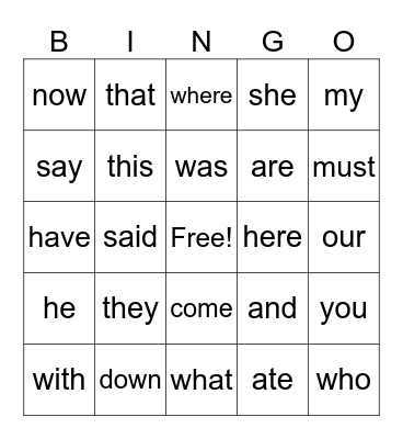 Heart Word Bingo Card