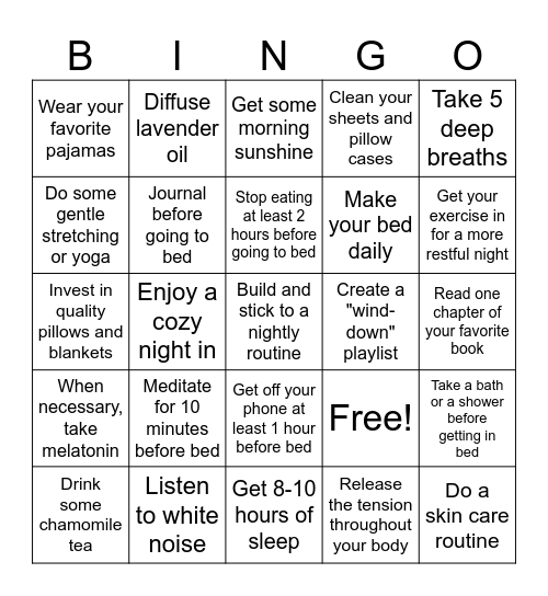 Sleep Tips Bingo Card