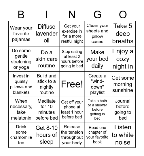 Sleep Tips Bingo Card