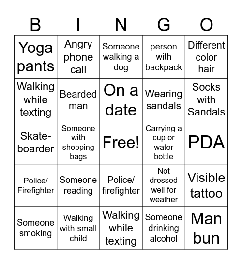 People Watching Bingo Card