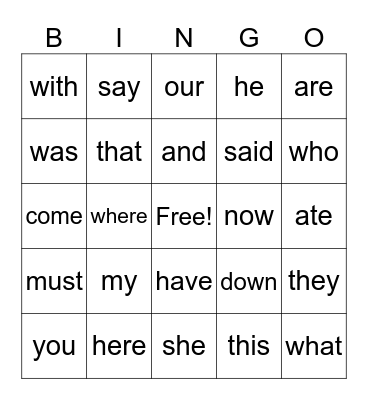 Heart Word Bingo Card