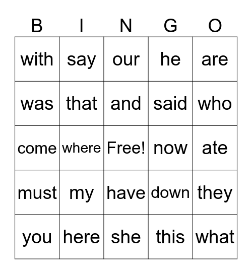 Heart Word Bingo Card