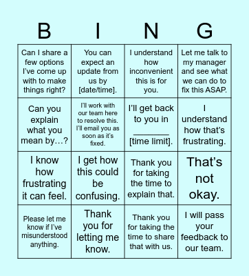 Useful phrases to deal with a complaint Bingo Card