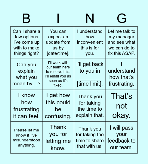 Useful phrases to deal with a complaint Bingo Card