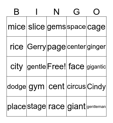 Soft c and g Bingo Card