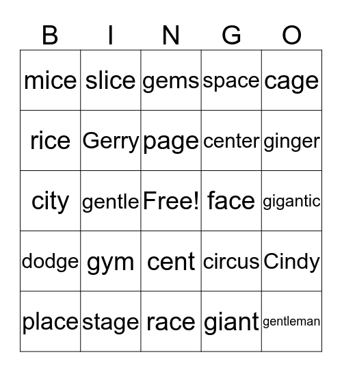Soft c and g Bingo Card