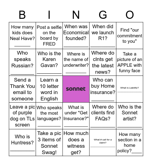 sonnet BINGO Card