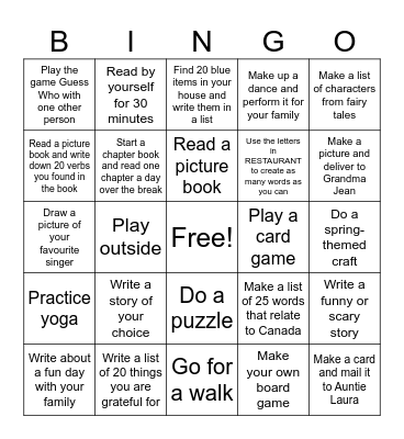 Zoe's Bingo Card Bingo Card