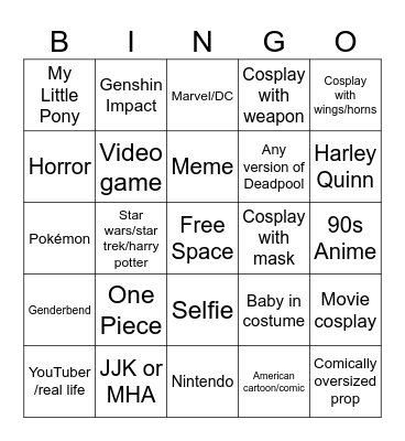 {Cosplays from Trash's} Cosplay Bingo! Bingo Card