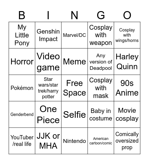 {Cosplays from Trash's} Cosplay Bingo! Bingo Card