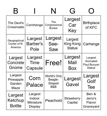 US Attractions Bingo Card