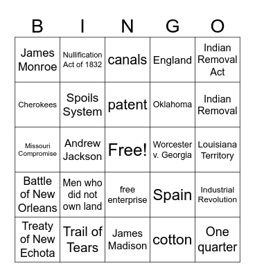 Andrew Jackson Bingo Card
