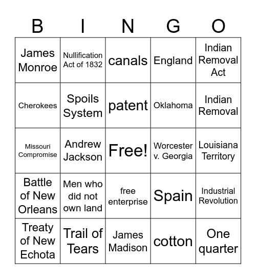 Andrew Jackson Bingo Card