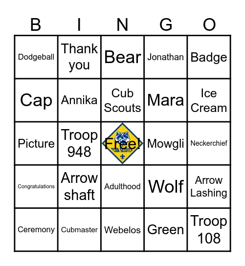 Pack 948- Bridging Ceremony March 2024 Bingo Card