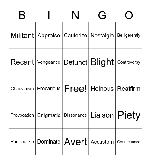 IM Vocabulary Bingo Card