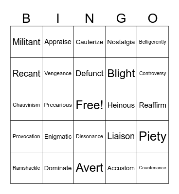 IM Vocabulary Bingo Card