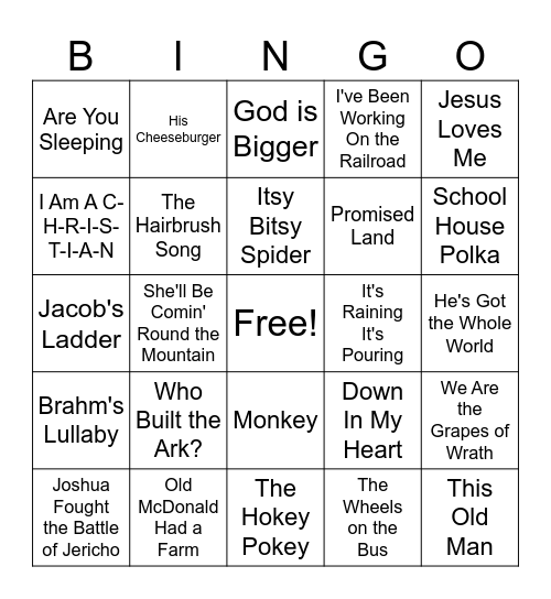 Kids' Songs Bingo Card