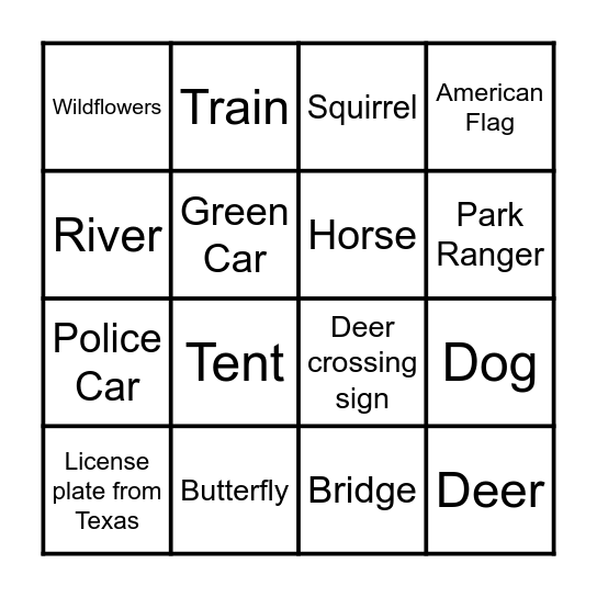 US National Parks Bingo Card