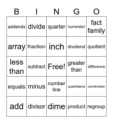 3rd Grade Math Vocabulary Bingo Card