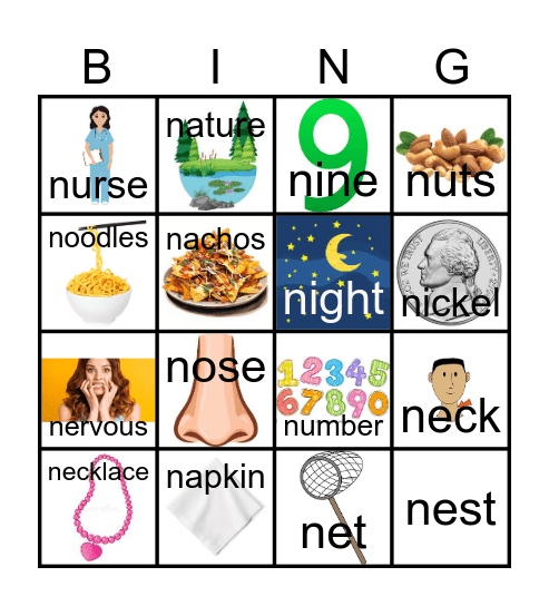 Letter N Bingo Card