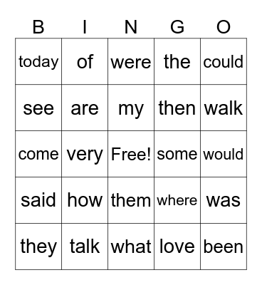 Heart Word Bingo Card