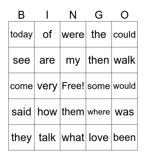 Heart Word Bingo Card