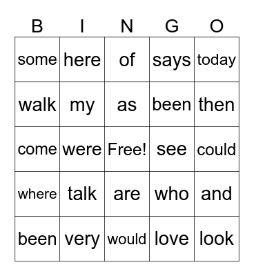 Heart Word Bingo Card