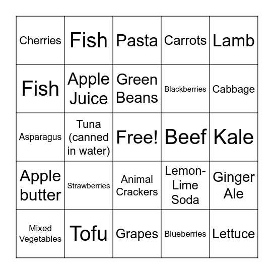 Dialysis Grocery List Bingo Card