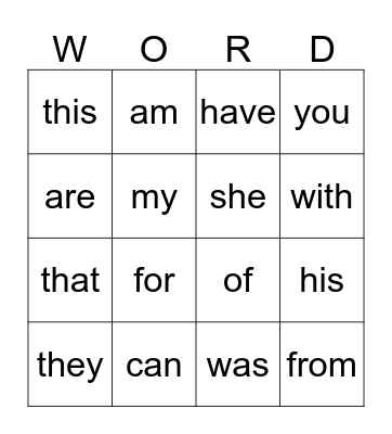 Sight Words Bingo Card