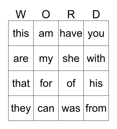 Sight Words Bingo Card
