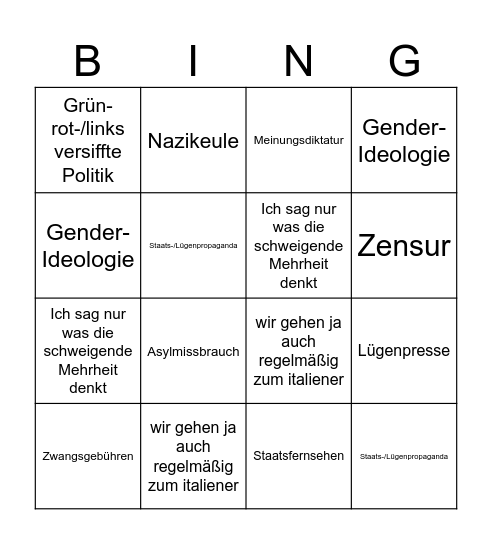 Nazi Bullshit Bingo Card